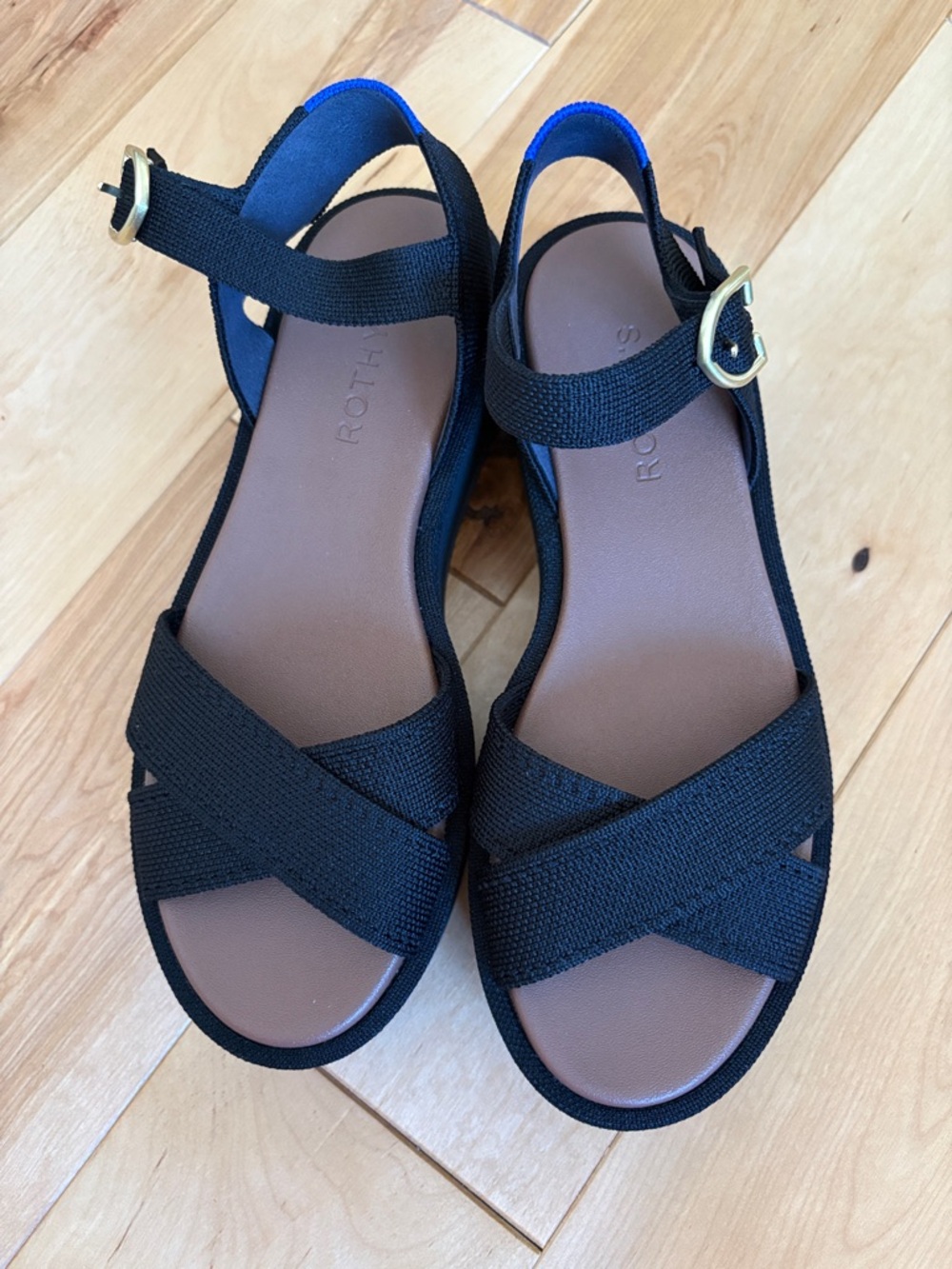 Rothy's Black Crisscross Slingback Sandals with Gold Buckle Accent